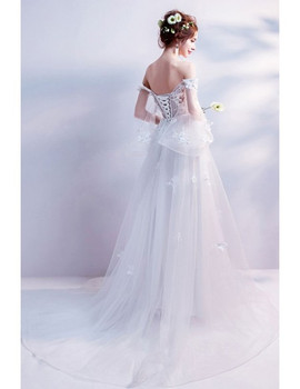 Shop Romantic 2020 Pretty Off Shoulder Long Tulle A Line Boho Wedding Dress With Flowers Under 100 From Annakoo