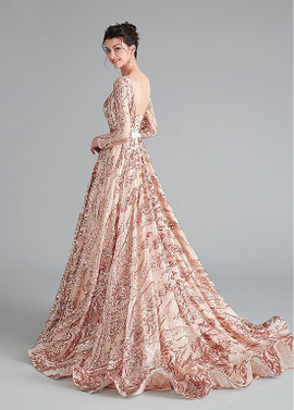 Shop Sparkle 2020 Gold Long Sleeves Sequin Lace Bateau Floor-length A-line Evening Dresses From ANNAKOO