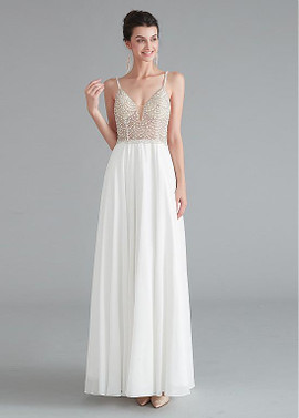 Shop 2020 Backless Tulle & Chiffon Spaghetti Straps Beadings White See-through A-line Prom Dress from ANNAKOO
