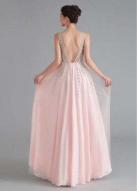 Shop Sexy Open Back Sparkle Tulle V-neck Backless Beading Pink See-through A-line Prom Dresses from ANNAKOO