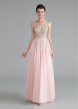 Shop Sexy Open Back Sparkle Tulle V-neck Backless Beading Pink See-through A-line Prom Dresses from ANNAKOO