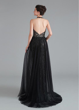 Shop Backless Beautiful Tulle & Lace Rhinestones Dark Blue Halter Neckline Mermaid Prom Dress from ANNAKOO