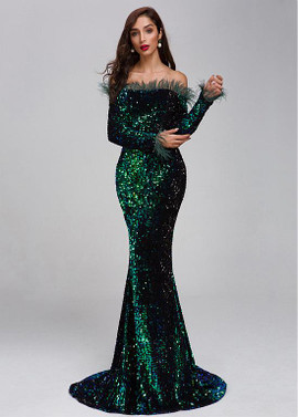 Shop Long Sleeve Green Dignified Sequin Lace Off-the-shoulder Mermaid Evening Dresses With Feathers from ANNAKOO