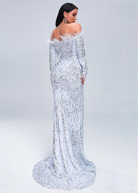 Buy 2020 Spring Collection Silver Dignified Sequin Lace Off-the-shoulder Mermaid Evening Dresses With Feathers under 100