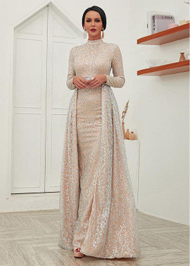 Shop Beautiful Silver Long Sleeves Stunning Tulle High Collar Sheath/Column Evening Dresses under 100