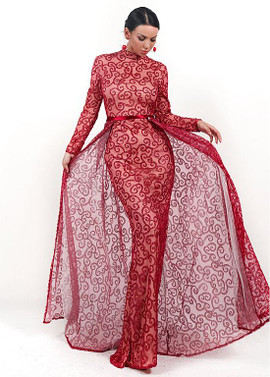 Shop Cheap Fast Shipping Burgundy Long Sleeves Stunning Tulle High Collar Sheath/Column Evening Dress From Annakoo