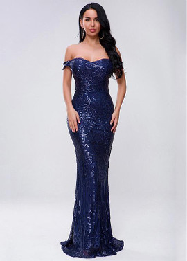 Shop Sexy 2020 Navy Sequin Lace Off-the-shoulder Sheath/Column Evening Dresses under 80