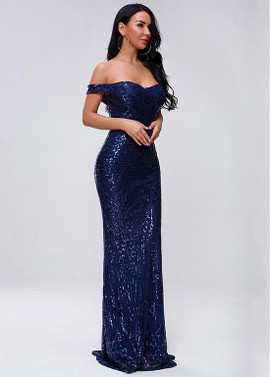 Shop Sexy 2020 Navy Sequin Lace Off-the-shoulder Sheath/Column Evening Dresses under 80