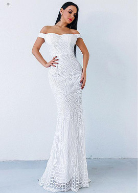 Shop Sexy White Sequin Lace Off-the-shoulder Sheath/Column Evening Dresses under 100