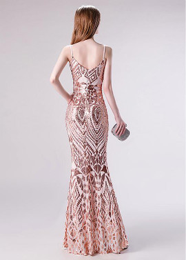 Buy 2020 Cheap Sequin Lace Spaghetti Straps Gold Mermaid Prom Evening Dress under 100