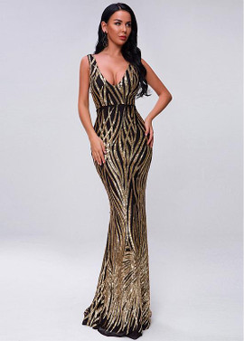 Shop Backless 2020 Black and Gold Sequin Lace V-neck Mermaid Evening Dress under 100