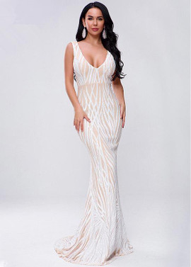 White Sequin Lace V-neck Neckline Mermaid Evening Dress
