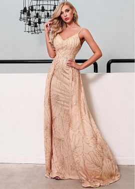Shop Backless Beautiful Spray Gold Net Spaghetti Straps Backless A-line Evening Dresses With Detachable Skirt under 100