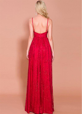 Shop Beautiful 2020  Spray Red Net Spaghetti Straps Backless A-line Evening Dresses With Detachable Skirt under 100