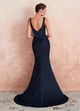 Satin & Tulle Bateau Dark Blue Mermaid Evening Dress With Beadings
