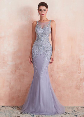 Shop Sheer Back Tulle Jewel Lavender Mermaid Formal / Evening Dress With Beadings under 300