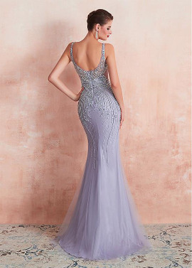 Shop Sheer Back Tulle Jewel Lavender Mermaid Formal / Evening Dress With Beadings under 300