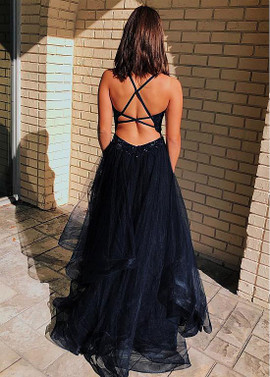Shop Beautiful 2020 Tulle Spaghetti Straps Black A-line Evening Dresses With Beadings under 200