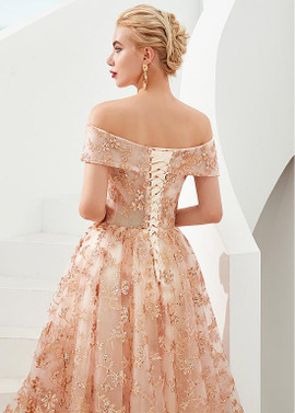 Shop Gold Champagne Off The Shoulder Long Tulle Sequin Lace Evening Dresses under 100