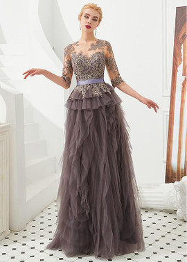 Shop Beautiful Tulle Half Sleeves A-line Lace Appliques Jewel Gray Evening Dress under 100