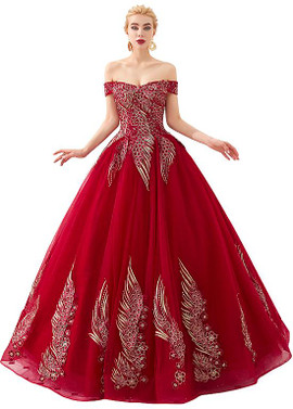Shop Beautiful 2020 Red Tulle Appliques Off the Shoulder Ball Gown Evening Dresses under 100
