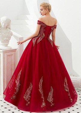 Shop Beautiful 2020 Red Tulle Appliques Off the Shoulder Ball Gown Evening Dresses under 100