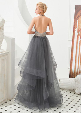 Shop Backless Open Back 2020 Beading Tulle Jewel Gray Ball Gown Handmade Flower Prom Dress from ANNAKOO
