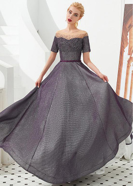 Shop 2020 Sexy Sparkle Short Sleeves Tulle Off-the-shoulder A-line Ceinture Evening Dress from ANNAKOO