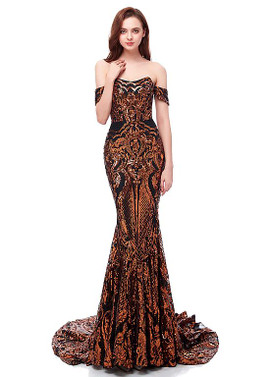 Shop Sparkle Sequin Lace Off-the-shoulder Gold Floor-length Mermaid Evening Dress under 200