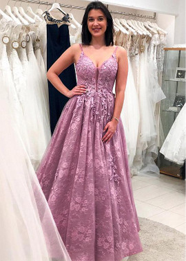 Shop Purple Long Tulle Spaghetti Straps Lace Appliques Lilac Floor-length A-line Evening Dress under 200