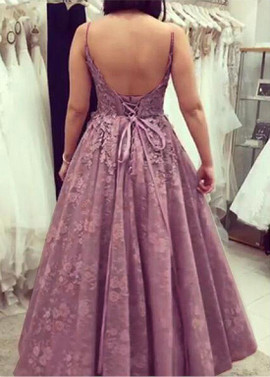 Shop Purple Long Tulle Spaghetti Straps Lace Appliques Lilac Floor-length A-line Evening Dress under 200