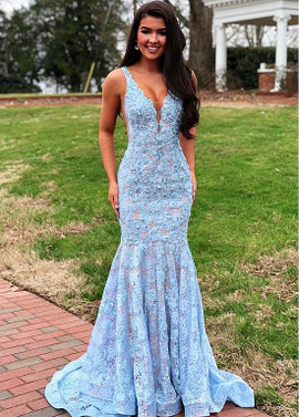Shop Sexy Backless 2020 Lace V-neck Beaded Lace Appliques Blue Mermaid Evening Dress from ANNAKOO