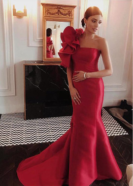 Shop Unique 2020 Cheap Satin One Shoulder Red Flower Floor-length Mermaid Evening Dress under 100
