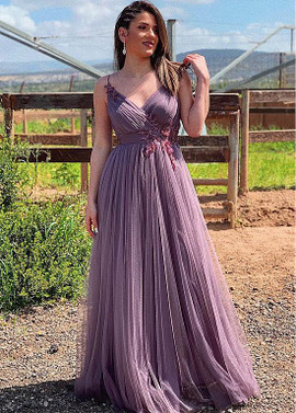 Shop Purple 2020 Beading Appliques Tulle Spaghetti Straps Lavender A-line Evening Dresses from ANNAKOO