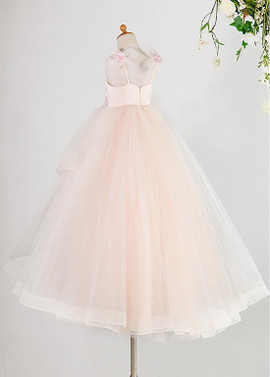 Shop Beautiful  Tulle Spaghetti Straps Pink Beading Ball Gown Flower Girl Dress from ANNAKOO