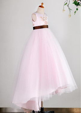 Shop Beautiful Pink Tulle & Satin Jewel Lace Appliques A-line Flower Girl Dress from ANNAKOO