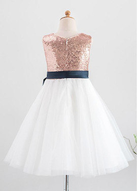 Shop Cute Sparkle  Sequin Lace & Tulle Jewel A-line Knee-length Flower Girl Dresses With Belt from ANNAKOO