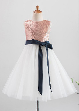 Shop Cute Sparkle  Sequin Lace & Tulle Jewel A-line Knee-length Flower Girl Dresses With Belt from ANNAKOO