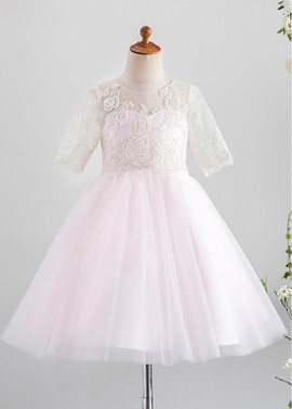Cheap Pink Pink Tulle Jewel Lace Appliques A-line Knee-length Flower Girl Dresses  under 100