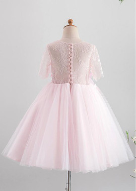 Shop Beautiful Long Tulle Jewel Pink A-line Knee-length Flower Girl Dresses With 3D Flowers under 80