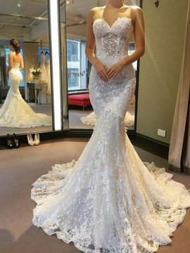 Shop 2020 Unique Sexy Strapless Mermaid Backless White Lace Wedding Dresses  under 200