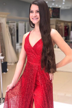 Shop Sexy Backless Tulle Sequins Deep V-neck A-Line Red Prom Dress With Side Split Under 100