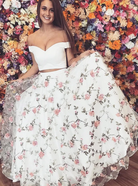 Shop Beautiful Beautiful White Two Piece Tulle Off the Shoulder Floral Prom Dress Under 200 from ANNAKOO