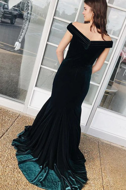 Shop 2020 Cheap  Sexy Dark Green Mermaid Velvet Off the Shoulder Prom Dress under 100