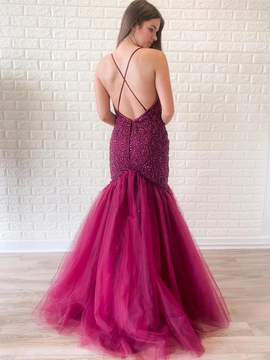Shop Beautiful Tulle Spaghetti Straps Purple Mermaid Backless Beading Prom Dress under 200