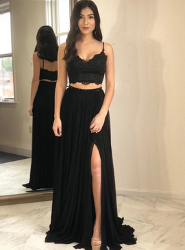 Shop Backless Long Two Piece Chiffon Lace A-Line Black Spaghetti Straps Prom Dress under 100
