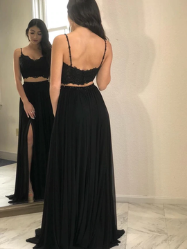 Shop Backless Long Two Piece Chiffon Lace A-Line Black Spaghetti Straps Prom Dress under 100