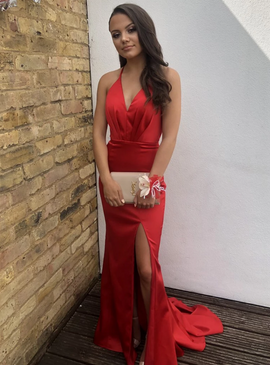 Shop Cheap Mermaid Satin V-neck Backless Pleats Sexy Red Prom Dress under 100