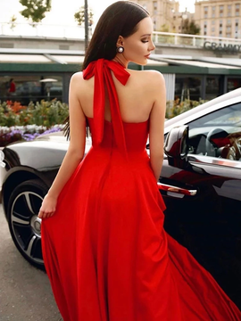 Cheap Beautiful Stylish Chiffon Backless Halter Neck Red Long Prom Dress under 100