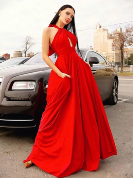 Cheap Beautiful Stylish Chiffon Backless Halter Neck Red Long Prom Dress under 100
